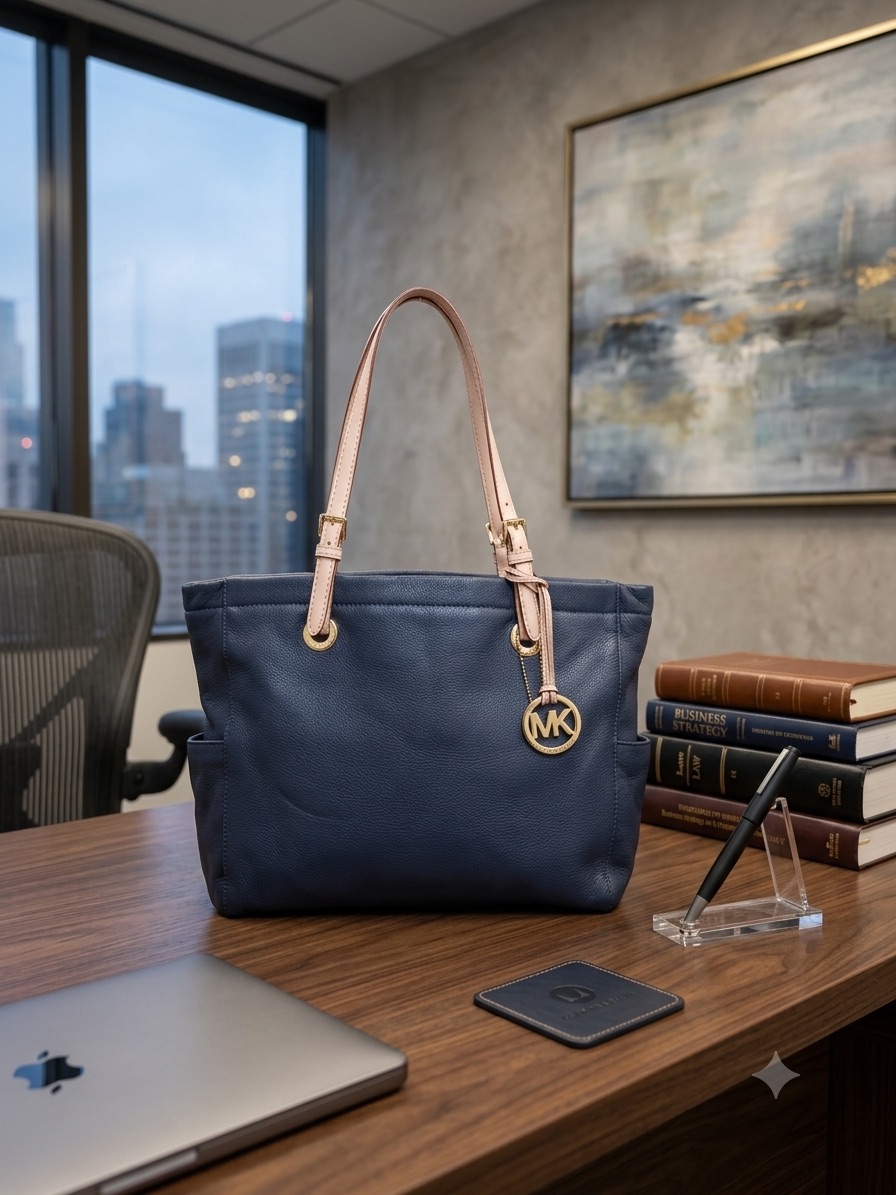 Michael Kors || Navy Tote With Tan Straps And Gold Mk Charm.